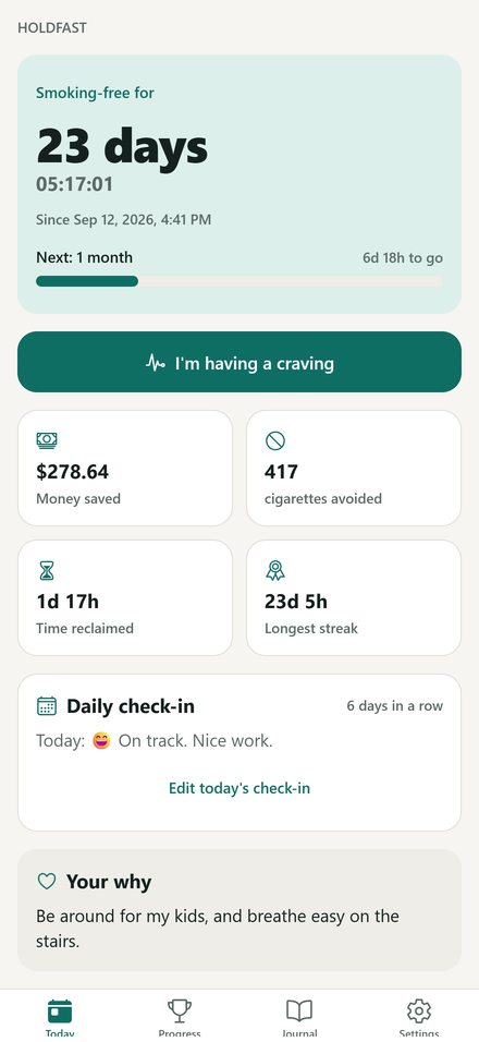 Today screen with a 23-day streak and money saved